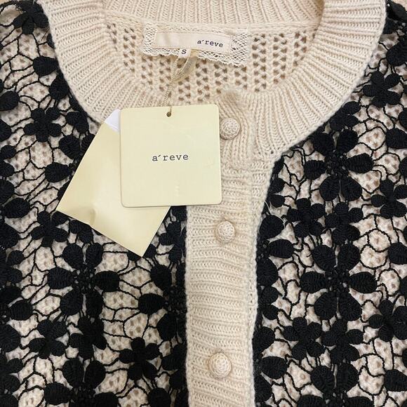 A’reve NWT Lace Overlay Cardigan | Cream Knit w/ Black Crochet Lace, Size Small - Picture 3 of 10